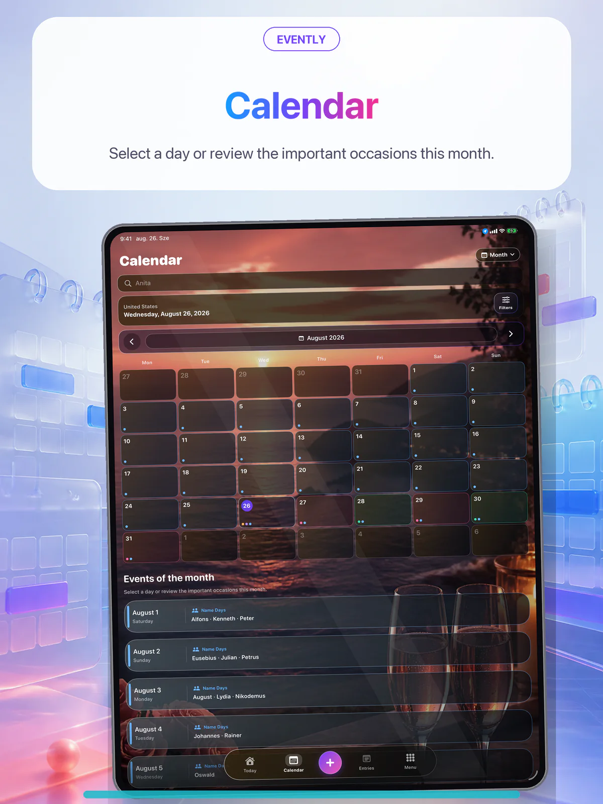 Evently Today calendar overview with events, birthday and countdown cards