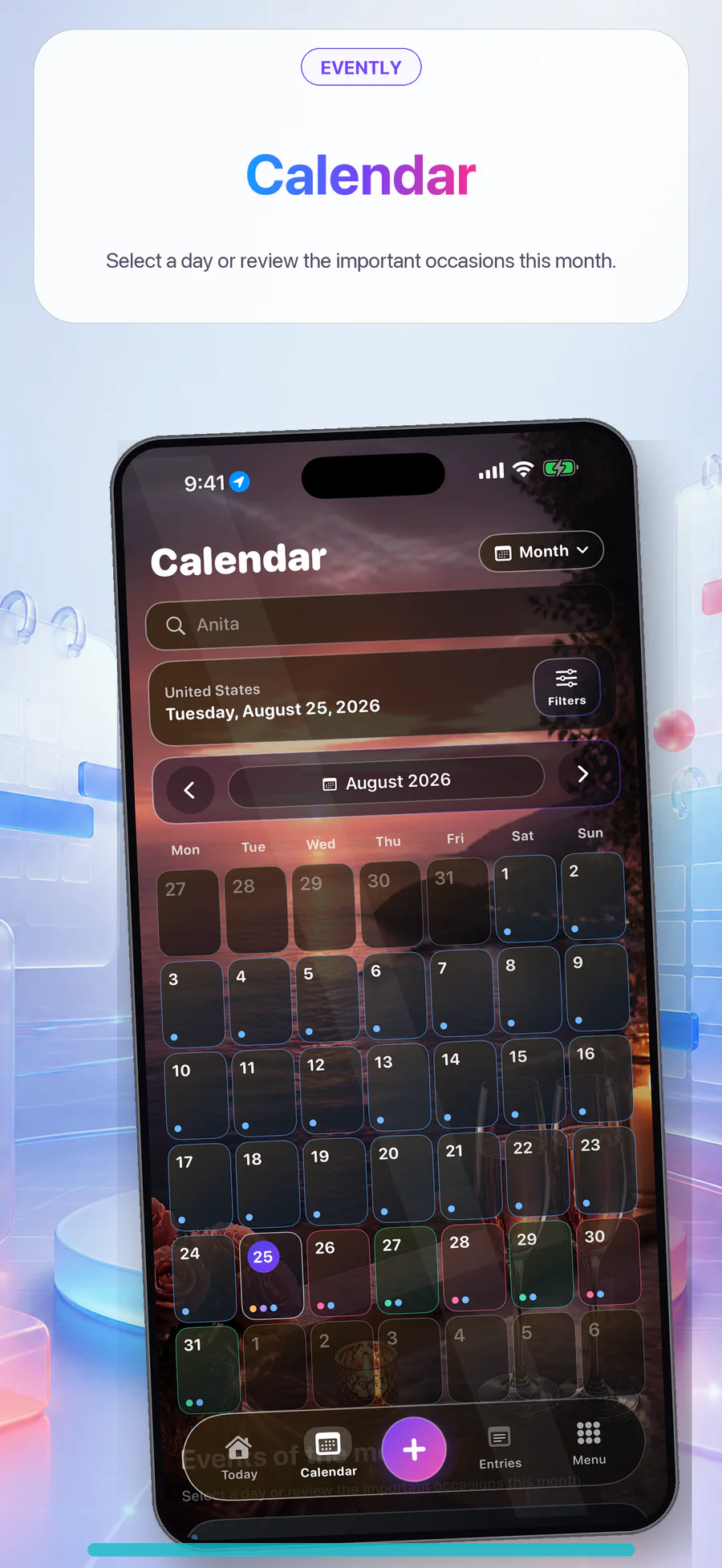 Evently Day calendar timeline with all-day and timed events