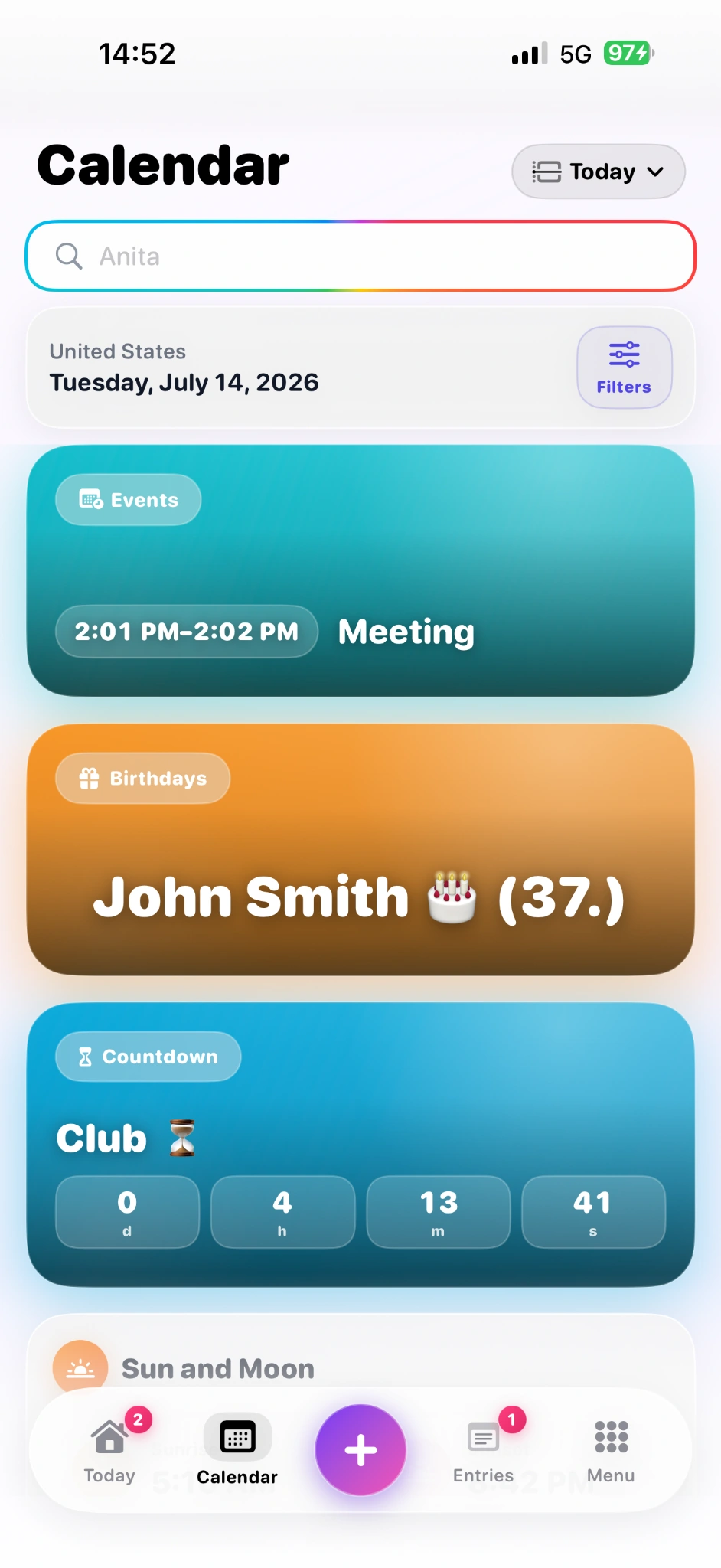 Evently Today calendar overview with events, birthday and countdown cards