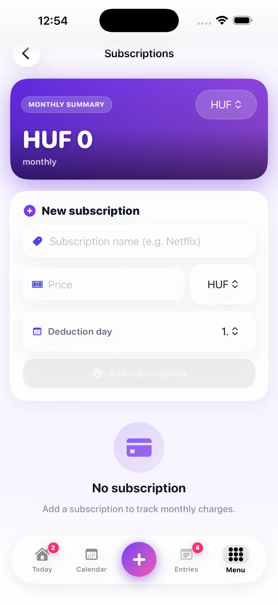 Subscription tracker in Evently